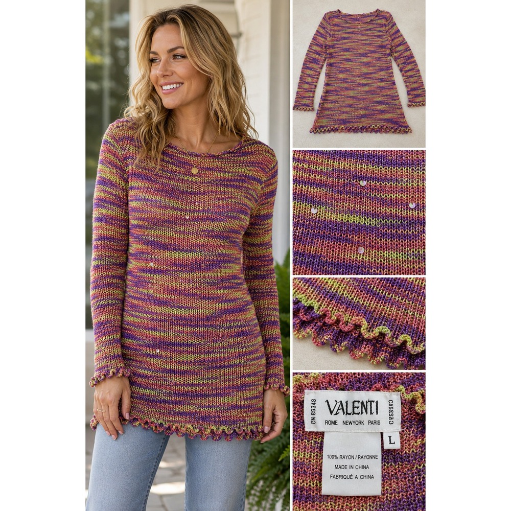 Valenti Knit Top Womens Large Multi-Color Sequin Scalloped Hem Space Dye Rayon